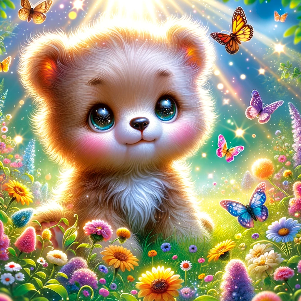 Delightful Baby Bear in Magical Meadow: A more delightful and enchanting baby bear in a lush, magical meadow. The scene is brighter and more colorful, with a greater variety of wildflowers and vibrant butterflies. The baby bear is fluffier, with sparkling, more expressive eyes, capturing a sense of wonder and playfulness. The meadow radiates with an almost fairy-tale-like charm under a brighter, sunnier sky.